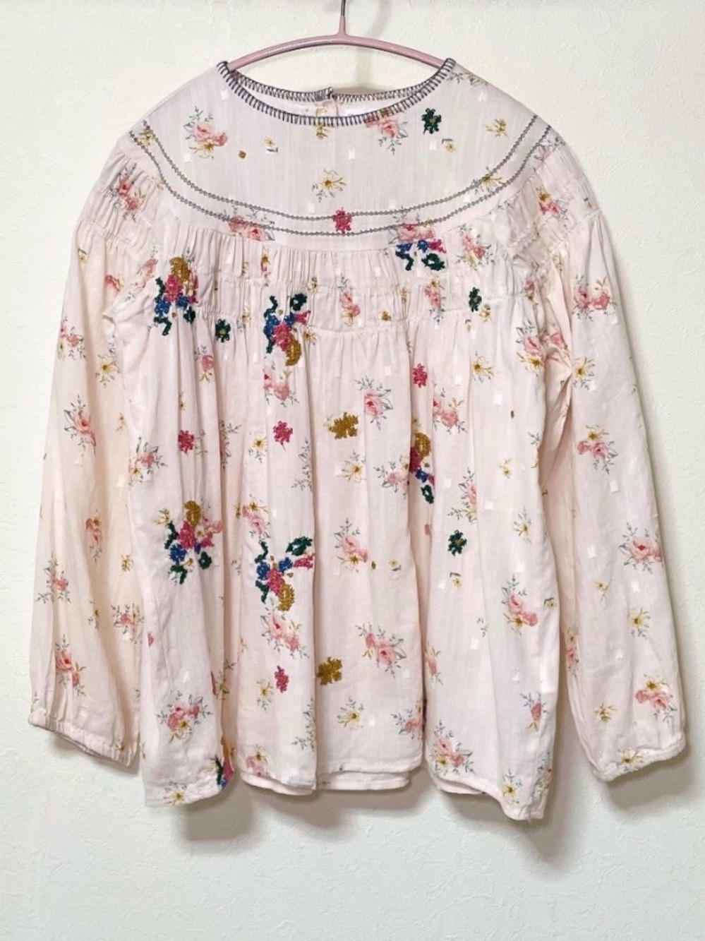 Zara Girls Floral Peasant Blouse Light Pink Boho Long Sleeve Size 10